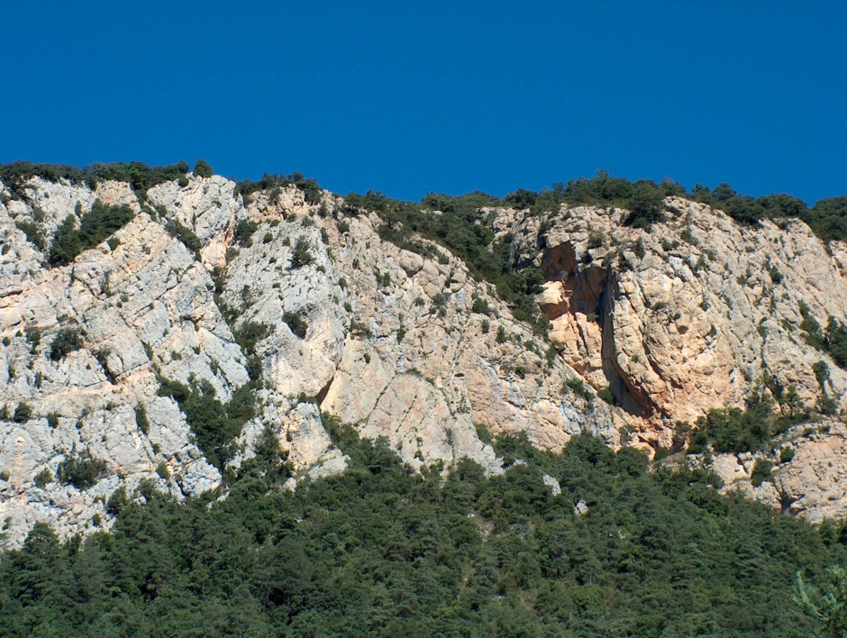 Zona de la cinglera on es localitza la Cova de Rocaterçana. S'observa la diàclasi, la fractura vertical de la cinglera per localitzar la cova (SAB, 2004).