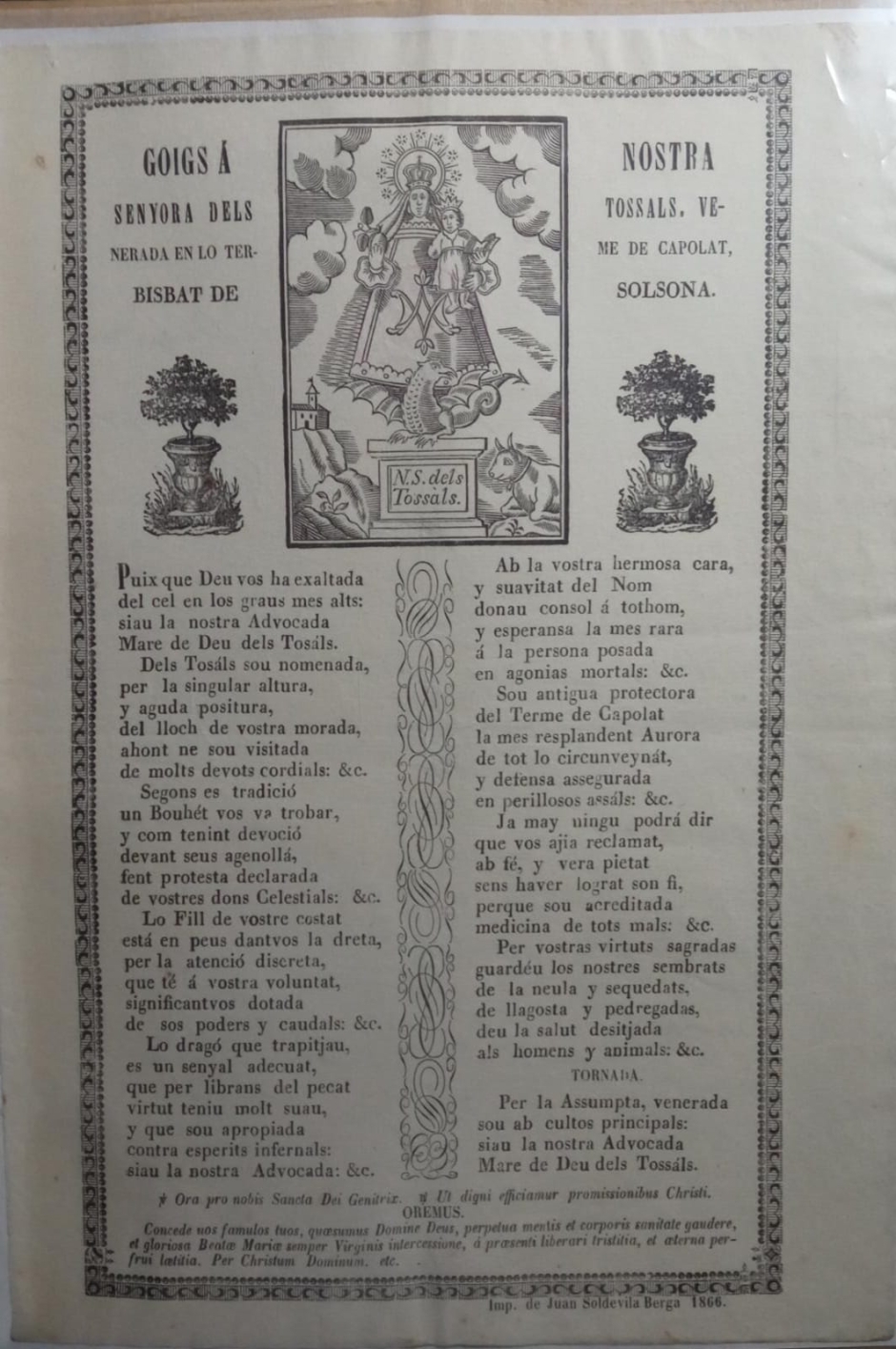 Edició de 1886 dels Goigs de la Marededéu dels Tossals (Arxiu de l'Àmbit de Recerques del Berguedà)