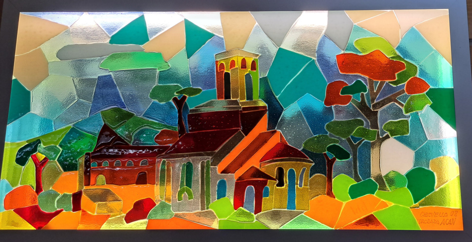 Vitrall  que representa Sant Ponç de Corbera i la natura del voltant. 