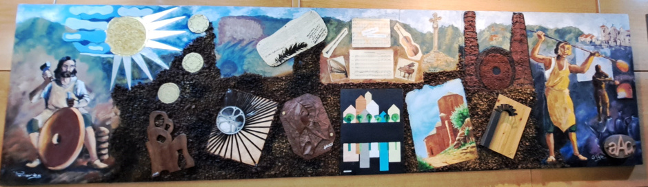 Mural amb els elements més característics de la història, l'art i els oficis i indústries de Cervelló. 