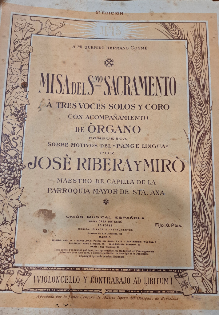 Cinquena edició de la misa de Ribera. Està dedicada al seu estimat germà Cosme. L'obra va ser editada per la Unión Musical Española, abans coneguda com Casa Dotesio. Col·lecció particular.