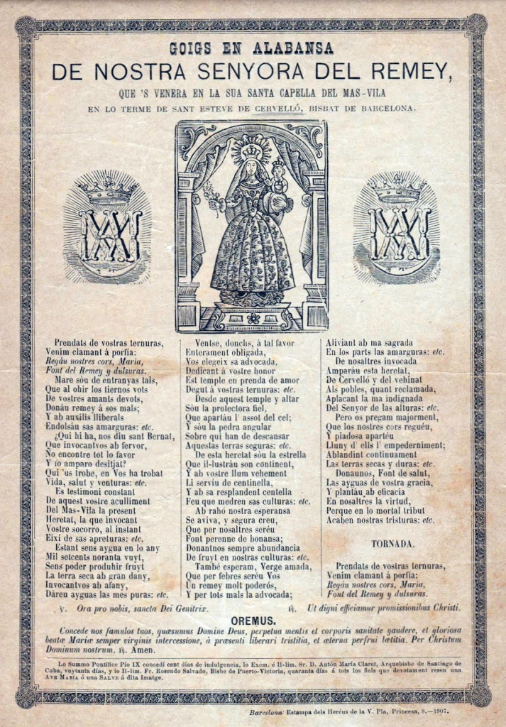 Edició dels goigs de Nostra senyora del Remei de l'any 1907.
