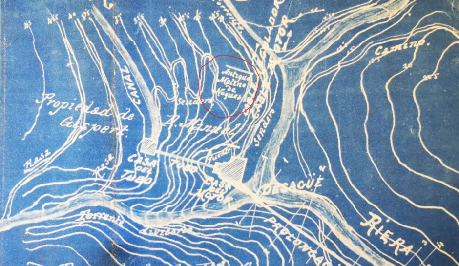 Imatge d'un antic plànol d'inicis del segle XX, amb la posició el molí. Foto: Fermín Fernández.