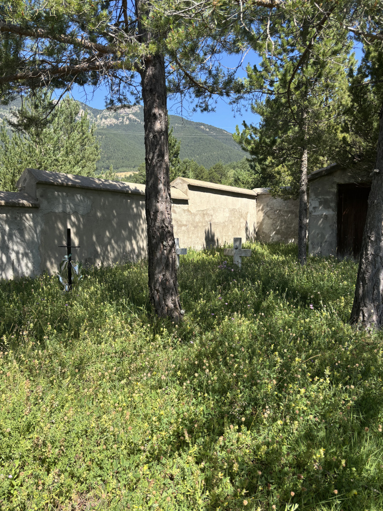 Part del mur i els arbres que es troben al cementiri de Fumanya