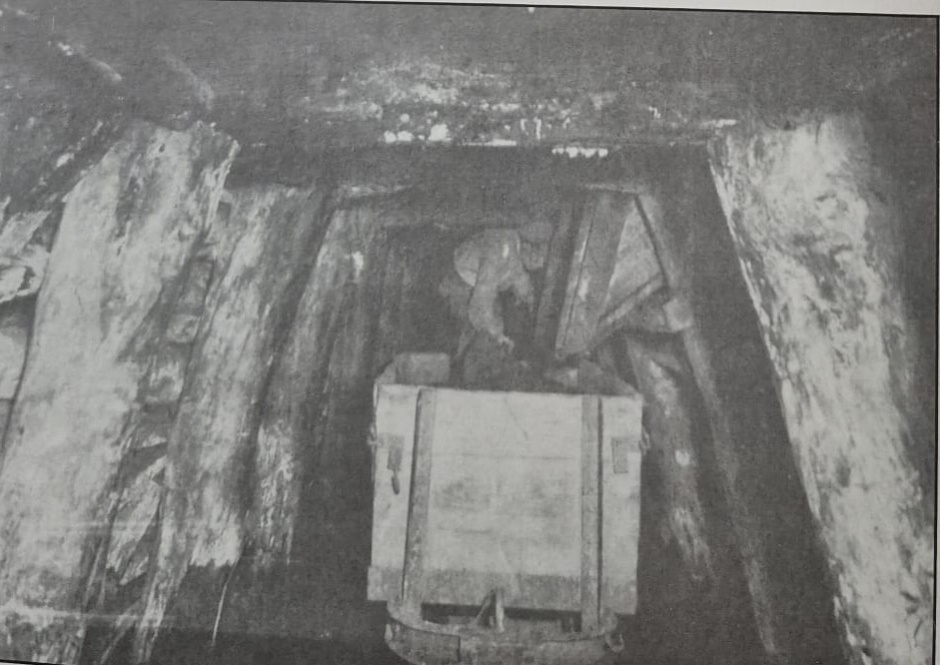 Bocamina de la mina amb una vagoneta. SOLER i RIBA, Ramon i ORIOLA i CASÒLIVA, Josep (1997), Relleu fotogràfic de les mines del Berguedà, Berga, pàg. Cessió de les imatges de Josep Oriola i Casòliva.