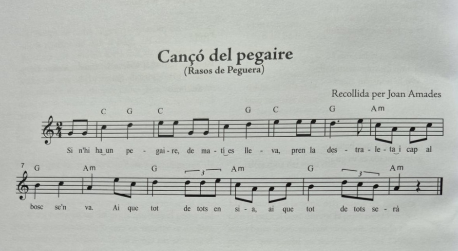 Partitura de la Cançó del Pegaire recollida per Joan Amades
