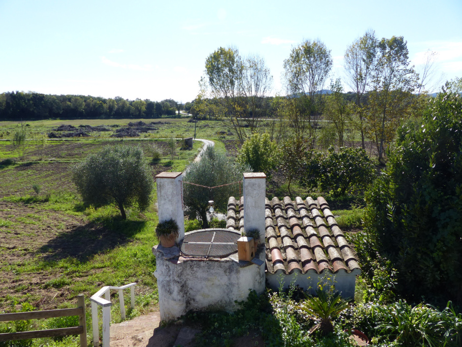  Can Marc de l’Estany. Pou i caseta i al davant el pla on antigament s'hi havia sembrat arrós.