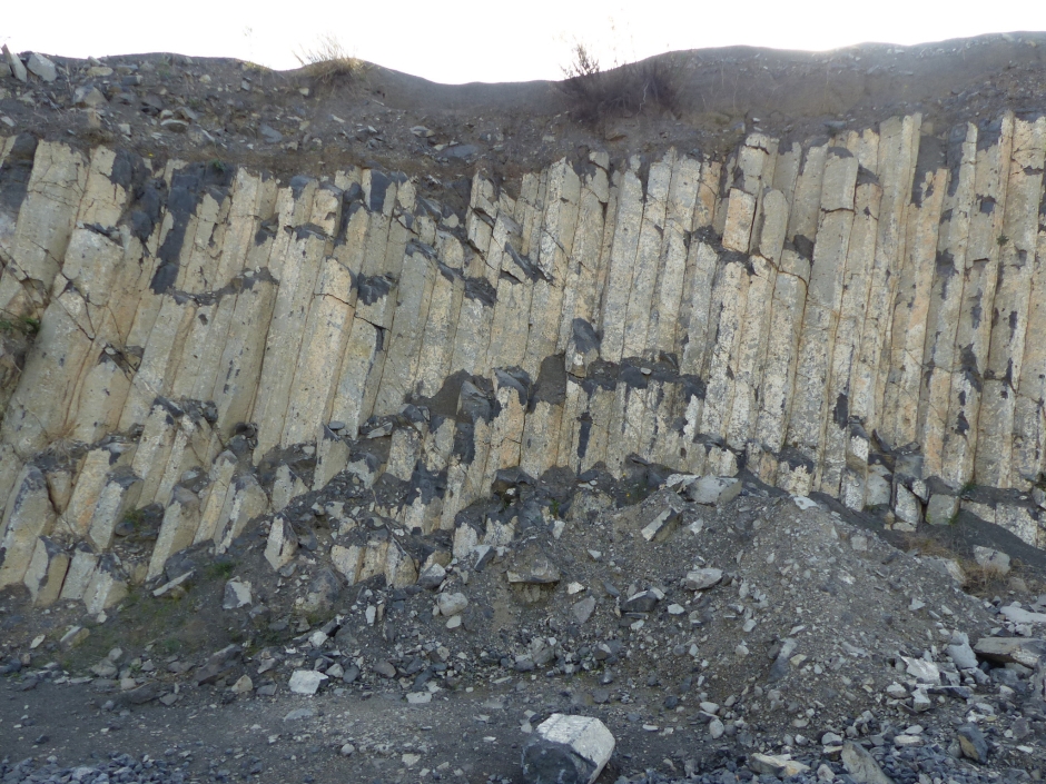 Pedrera de basalt de can Saboia. Detall de les columnes poligonals.