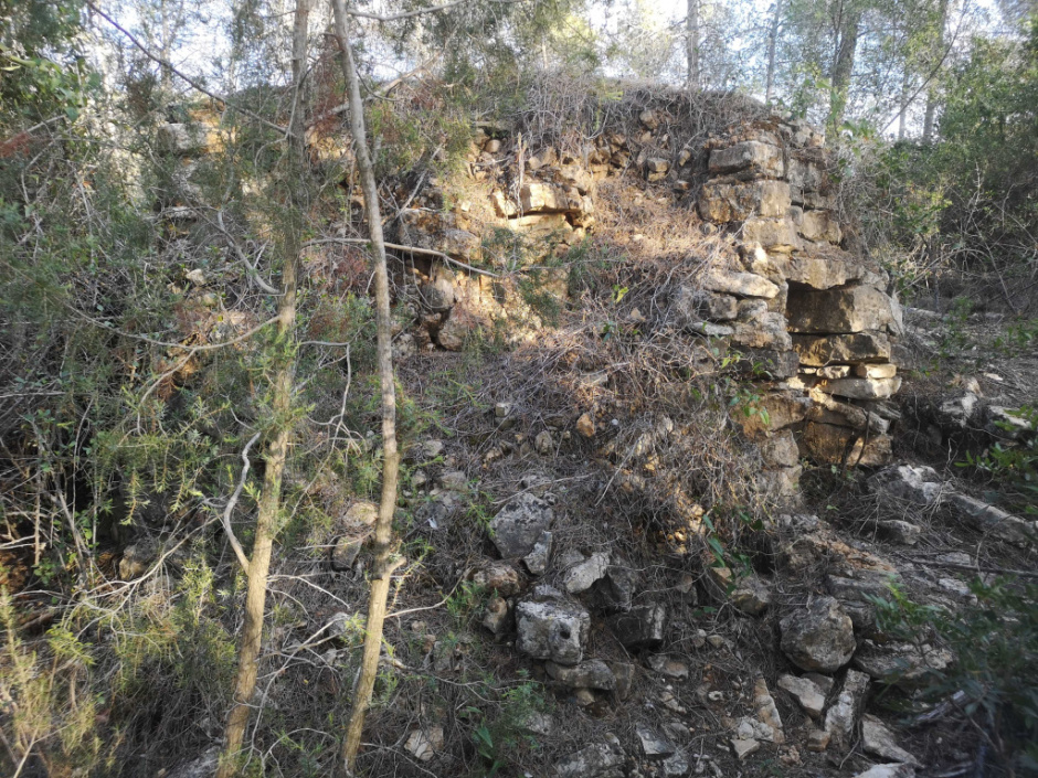 Vista de la cabana amb l'enderroc en primer terme