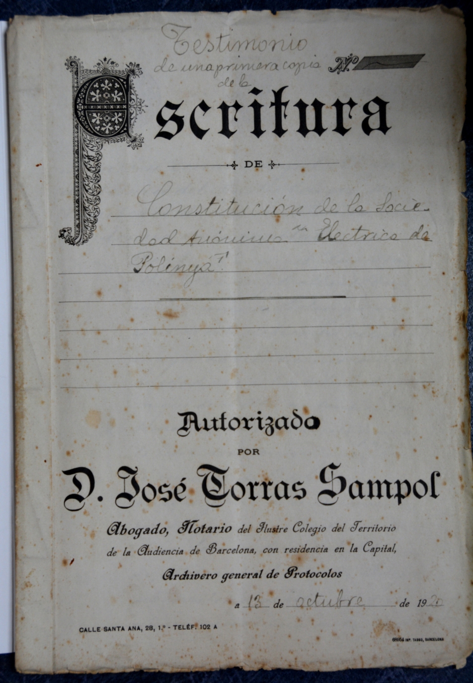 Document de la constitució de la Societat Anònima "Elèctrica de Polinyà"