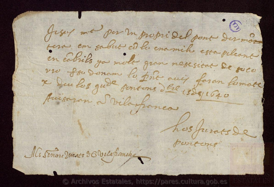 Carta dels jurats de Pontons als jurats de Vilafranca del Penedès. 1630
