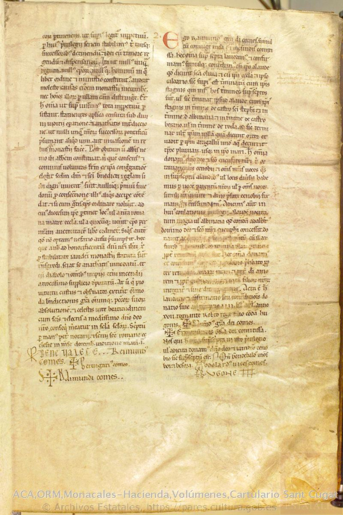 Foli del cartulari de Sant Cugat del Vallès (Font: Portal de Archivos Españoles).