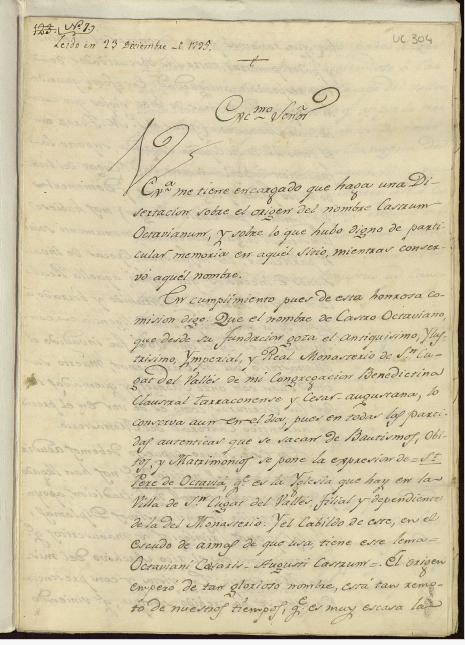 Disertación sobre el origen del nombre Castrum Octavianum, y sobre lo que hubo digno de particular memoria en aquel sitio mientras conservó aquel nombre.Any 1795. (Foto: Catàleg en línia de l'Arxiu de la Reial Acadèmia de Bones Lletres de Barcelona).