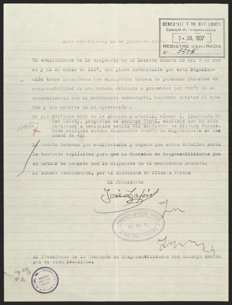 Fons Generalitat de Catalunya (Segona Repúglica). Defensa. Confiscacions. ANC1-1-T-6883. Comité de Apropiaciones. Expedientes de confiscación; adjudicació i reclamació de béns confiscats del Vallès Oriental: S. Fost de Campsentelles, S. Pere de Vilamajor, S. Quirze Safaja, S. Eulàlia de Ronçana, Vallgorguina, Vilamajor, Vilanova de la Roca.