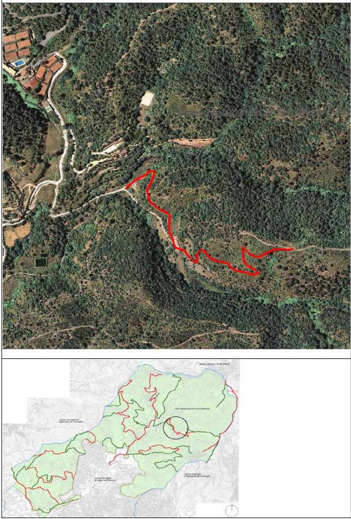 Ortofotomapa i plànol amb situació del camí d'acés a Serveis ATLL i camí històric can Baró. Font: Àrea de Territori: Urbanisme i Sostenibilitat i Medi Ambient. Ajuntament de Sant Just Desvern.