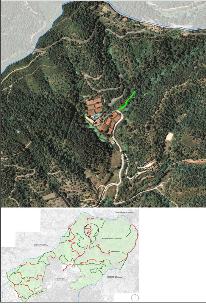 Ortofotomapa i plànol amb situació del camí de la font de Can Marlès. (Àrea de Territori: Urbanisme i Sostenibilitat i Medi Ambient. Ajuntament de Sant Just Desvern).