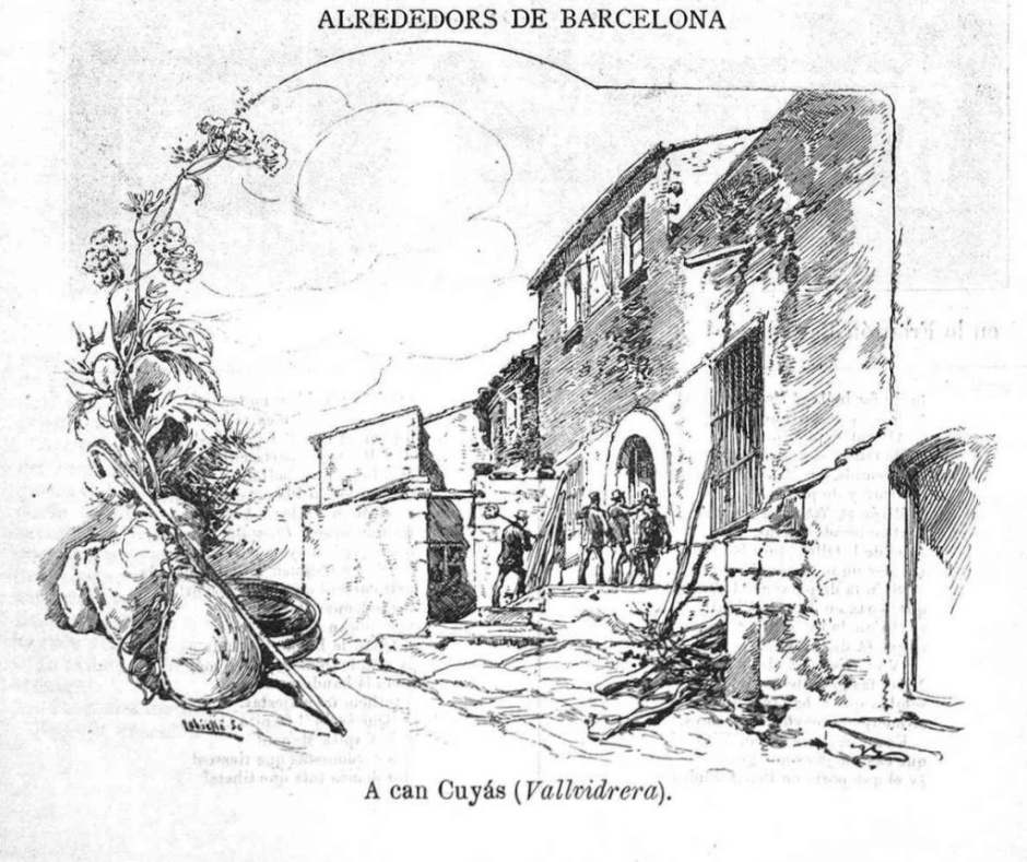 Dibuix de Can Cuiàs realitzat per Charles Labielle l'any 1856. Font: L’Esquella de la Torratxa núm. 836, p. 38. 