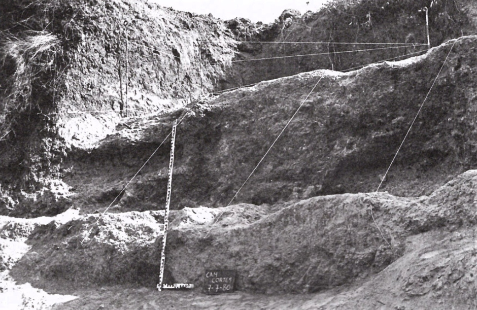 Detall de les restes del fons de cabana durant l'excavació de 1980. (Autors: Àngels Petit i Jordi Rovira. Font: La unitat habitacional de Can Cortès (Sant Just Desvern, Barcelonès). Una cabana del Bronze Final a l'antic estuari del riu Llobregat).