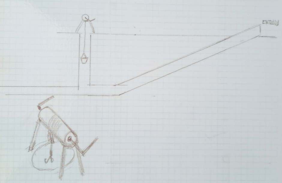 Dibuix que il·lustra un pou d'extracció de les terres resultants de l'excavació de la galeria del refugi. (Autor dibuix: Rafael Malaret Amigó, treballador de la Col·lectiva de Paletes durant la Guerra Civil).