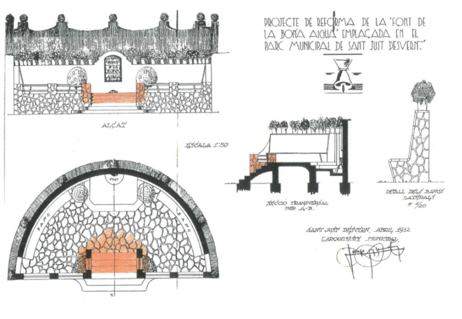 Projecte d'urbanització de la font signat per l'arquitecte municipal Josep Alemany el mes d'abril de 1932. (Font: Arxiu Municipal de Sant Just Desvern).