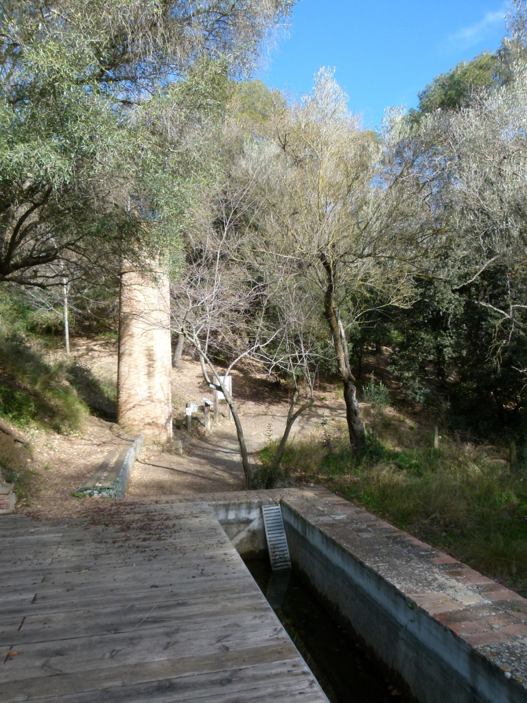Vista general amb la bassa en primer terme i la torre al fons. 