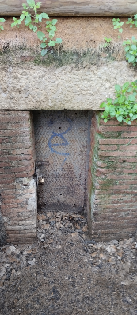 Vista detall de la portella amb brancals de maó i llinda de pedra.