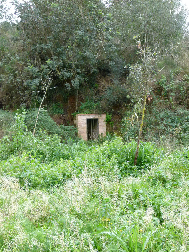 Vista de la caseta de boca mina al marge de la llera del torrent.