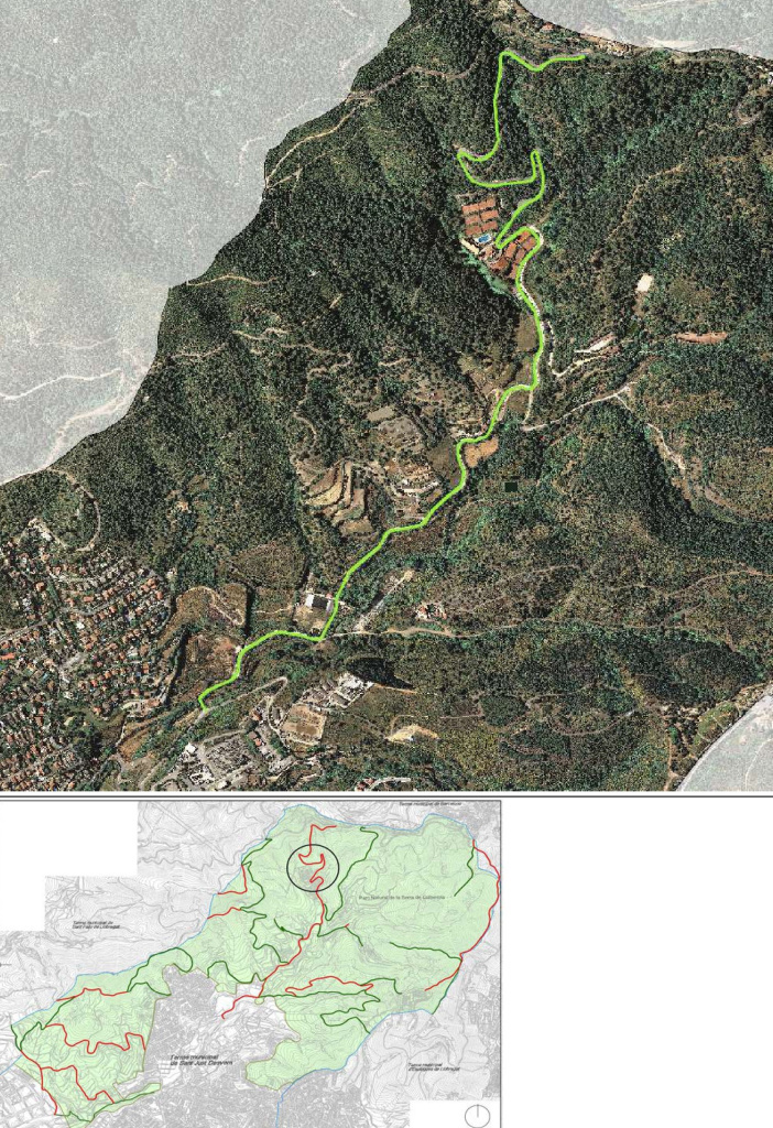 Ortofotomapa i plànol amb situació del camí de la Muntanya. Font: Àrea de Territori: Urbanisme i Sostenibilitat i Medi Ambient. Ajuntament de Sant Just Desvern.