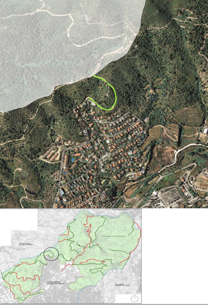 Ortofotomapa i plànol amb situació del camí del Turó Rodó al Coll d'en Solanes. Font: Àrea de Territori: Urbanisme i Sostenibilitat i Medi Ambient. Ajuntament de Sant Just Desvern.