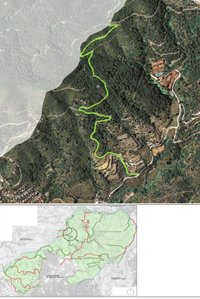 Ortofotomapa i plànol amb situació del camí de can Vilà al coll de les Torres. Font: Àrea de Territori: Urbanisme i Sostenibilitat i Medi Ambient. Ajuntament de Sant Just Desvern.