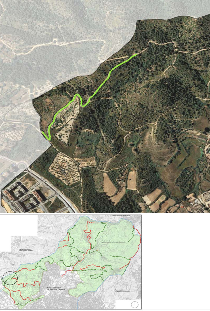 Ortofotomapa i plànol amb situació del camí de Mas Lluí al Coll d'en Solanes. Font: Àrea de Territori: Urbanisme i Sostenibilitat i Medi Ambient. Ajuntament de Sant Just Desvern.