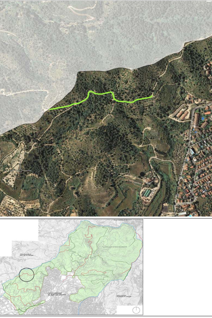 Ortofotomapa i plànol amb situació del camí del Ginestar. Font: Àrea de Territori: Urbanisme i Sostenibilitat i Medi Ambient. Ajuntament de Sant Just Desvern.