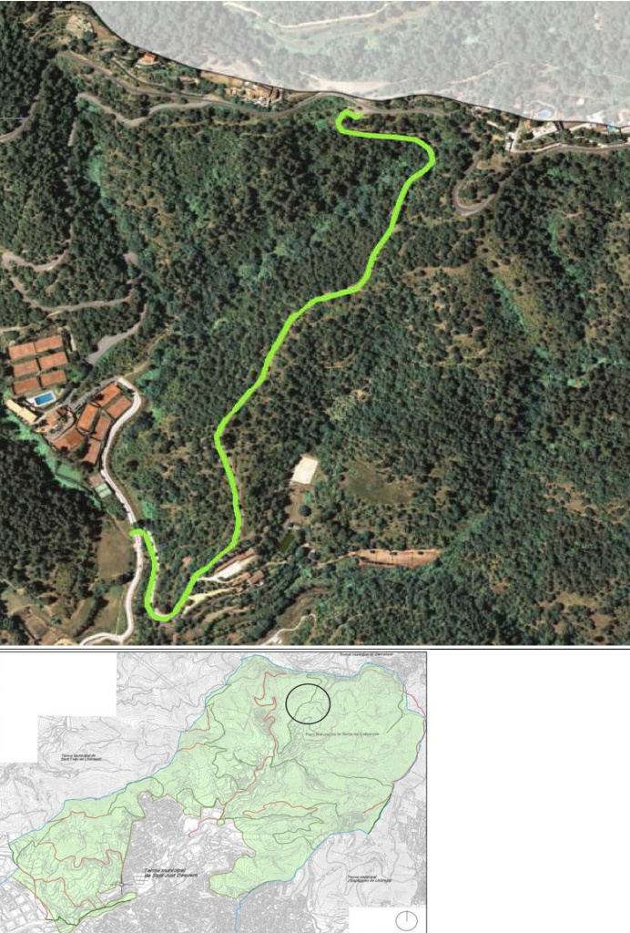 Ortofotomapa i plànol amb situació del camí de can Fatjó al coll de can Cuiàs. Font: Àrea de Territori: Urbanisme i Sostenibilitat i Medi Ambient. Ajuntament de Sant Just Desvern.