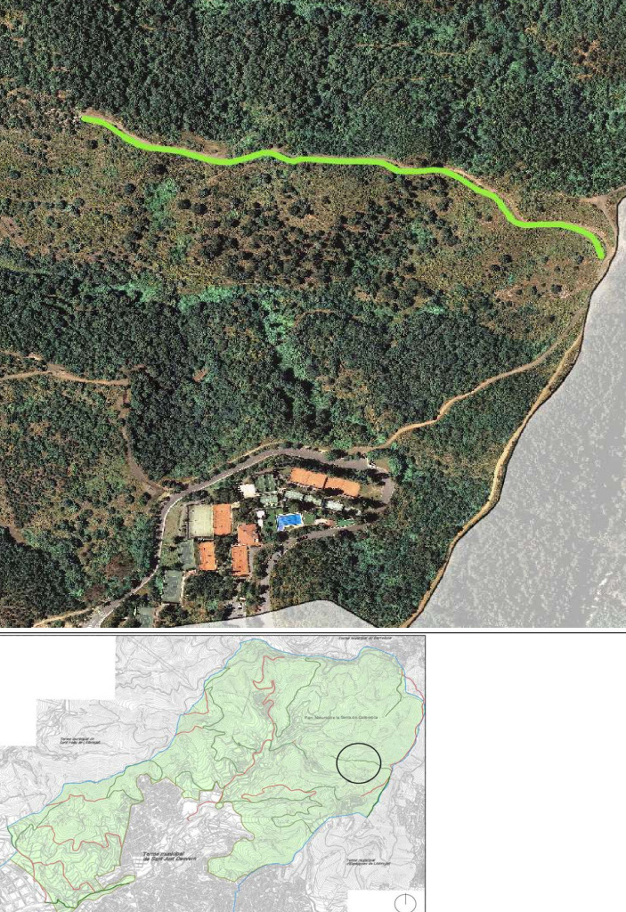 Ortofotomapa i plànol amb situació del camí de carena de can Baró. Font: Àrea de Territori: Urbanisme i Sostenibilitat i Medi Ambient. Ajuntament de Sant Just Desvern.