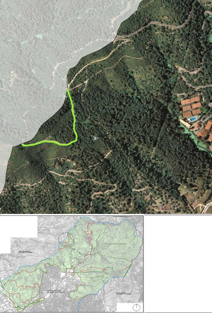 Ortofotomapa i plànol amb situació del camí del turó de la Coscollera. Font: Àrea de Territori: Urbanisme i Sostenibilitat i Medi Ambient. Ajuntament de Sant Just Desvern.