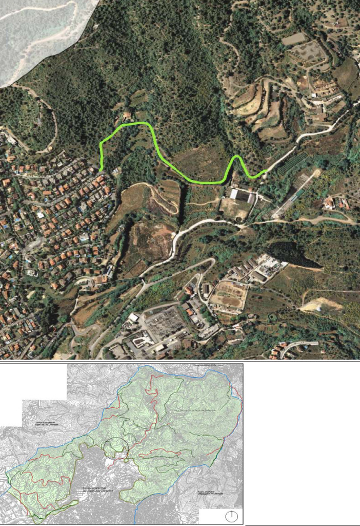 Ortofotomapa i plànol amb situació del camí de ca n'Oliveres a La Riba. Font: Àrea de Territori: Urbanisme i Sostenibilitat i Medi Ambient. Ajuntament de Sant Just Desvern.