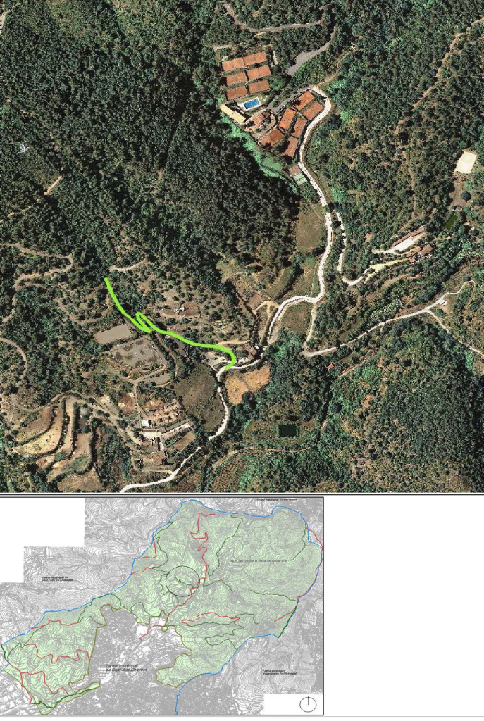 Ortofotomapa i plànol amb situació del camí de Can Carbonell. Font: Àrea de Territori: Urbanisme i Sostenibilitat i Medi Ambient. Ajuntament de Sant Just Desvern.