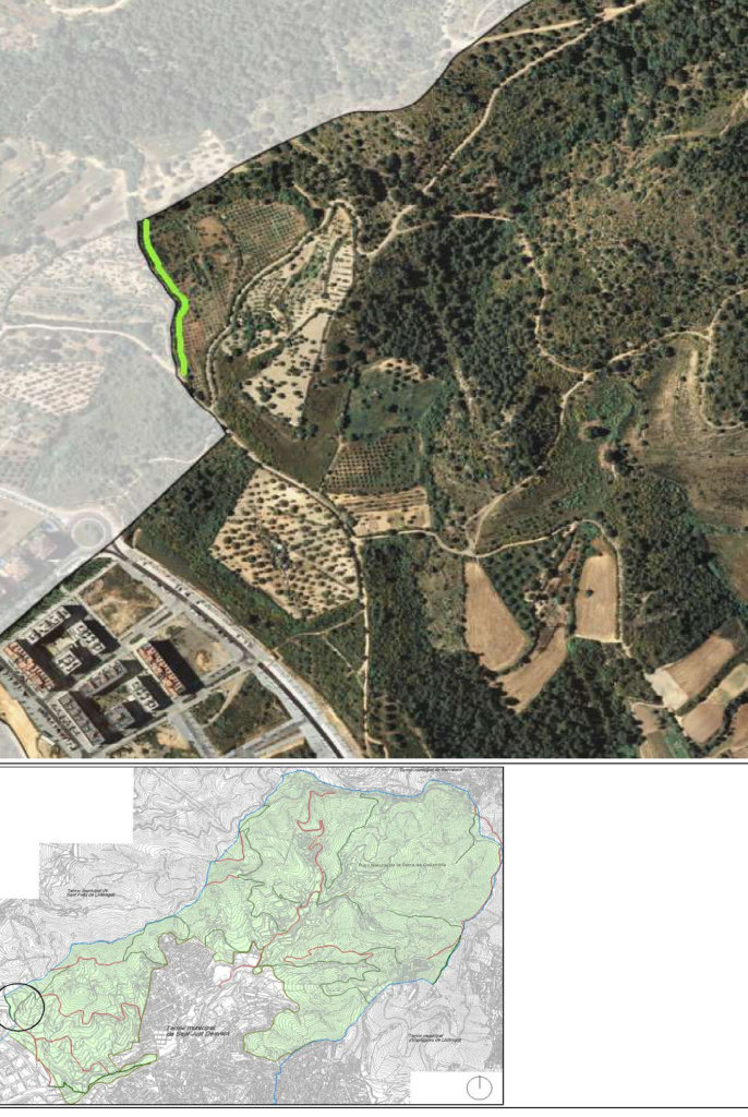 Ortofotomapa i plànol amb situació del camí de dalt de La Salut. Font: Àrea de Territori: Urbanisme i Sostenibilitat i Medi Ambient. Ajuntament de Sant Just Desvern.