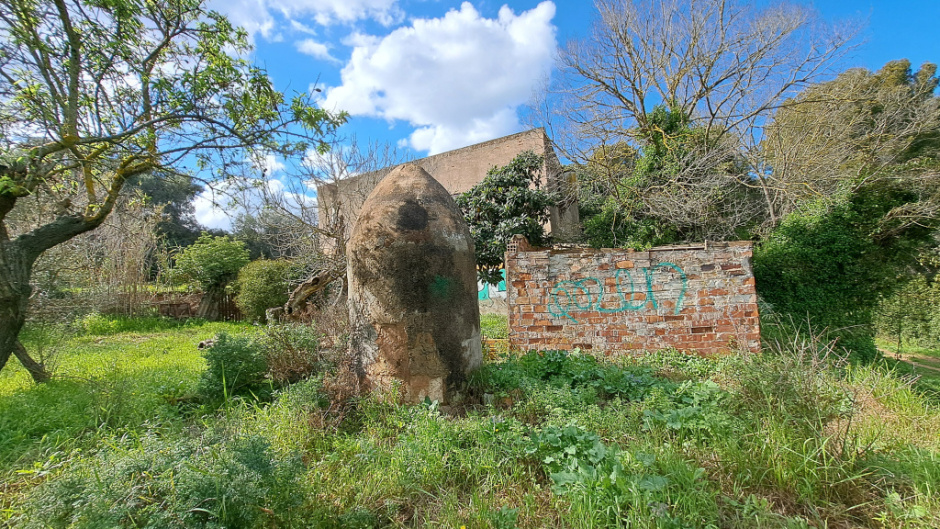 L'edifici en el seu conjunt amb el pou i safareig al primer terme.