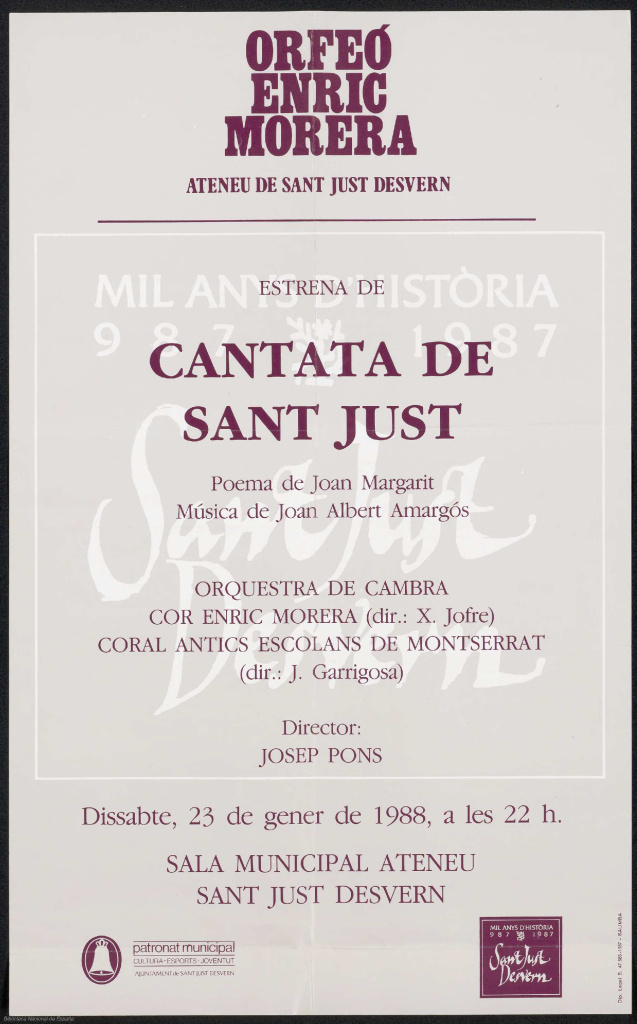 Cartell de l'estrena de la Cantata de Sant Just a l'Ateneu el 23 de gener de 1988. Font: Biblioteca Nacional de España.