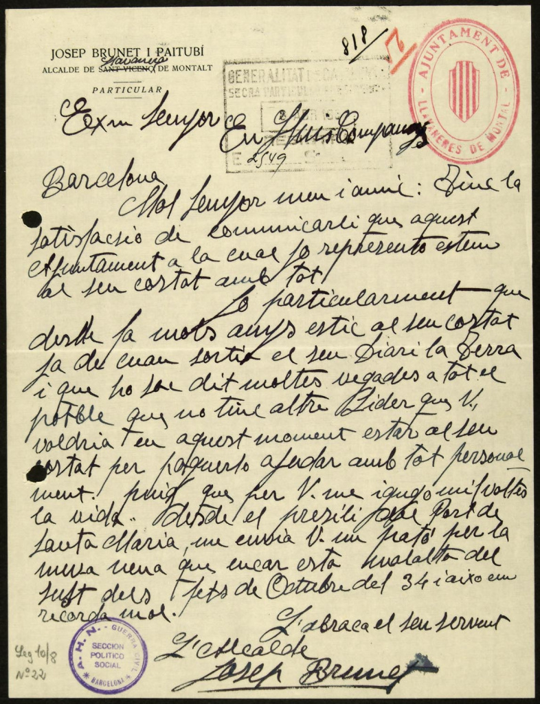 Arxiu Nacional de Catalunya: Correspondència d'adhesió al president Companys i al govern de la Generalitat davant l'alçament militar de juliol del 1936. Fons ANC