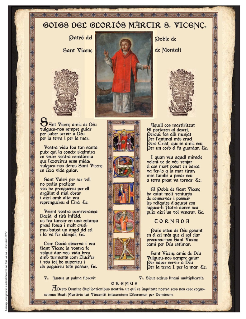 Goigs del gloriós màrtir S. Vicenç. Patró del poble de Sant Vicenç de Montalt. Autor: Antoni Sàbat Aguilera