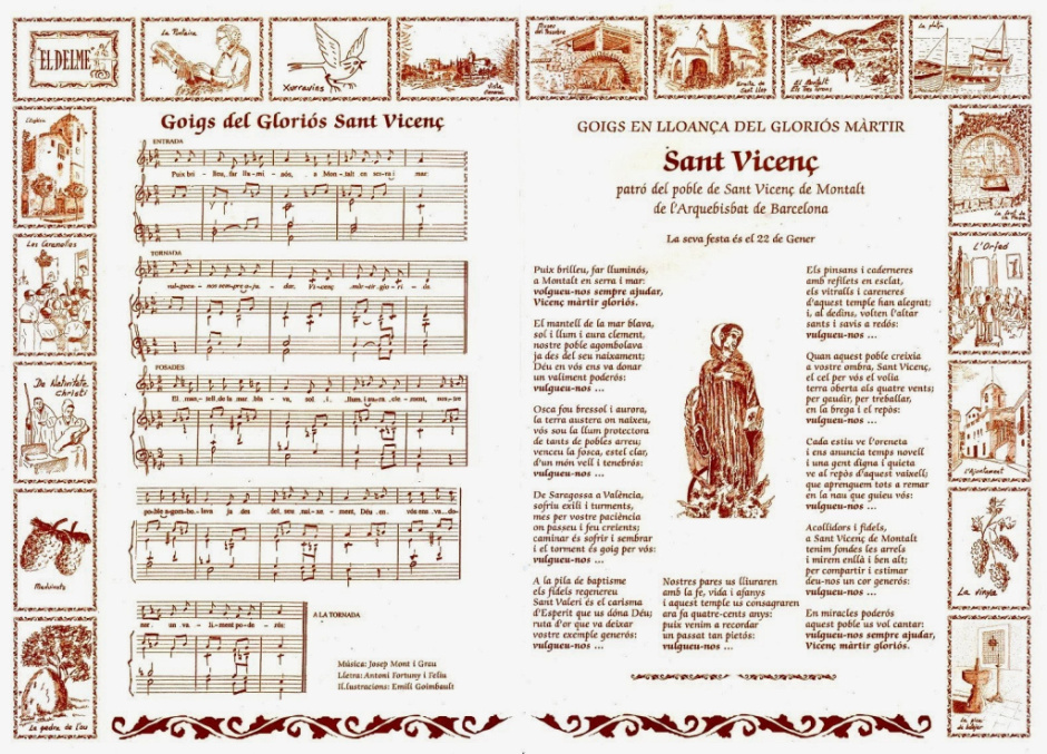 Goigs en lloança del gloriós màrtir Sant Vicenç, patró del poble de Sant Vicenç de Montalt. Autors: Antoni Fortuny i Feliu – Josep Mont i Grau – Emili Goimbault