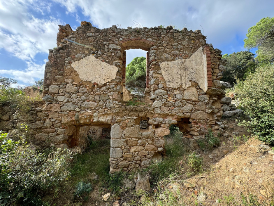 Casa del Bosc. Paret mestre interior amb obertures de pedra carejada i restes dels arrebossats de morter de calç de la planta pis. 